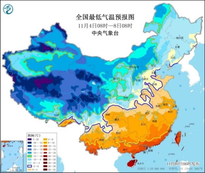 圖2 全國最低氣溫預(yù)報(bào)圖(11月4日08時(shí)-8日08時(shí))
