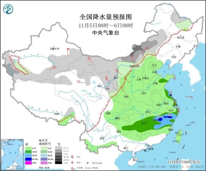 圖5 全國降水量預(yù)報(bào)圖(11月5日08時(shí)-6日08時(shí))
