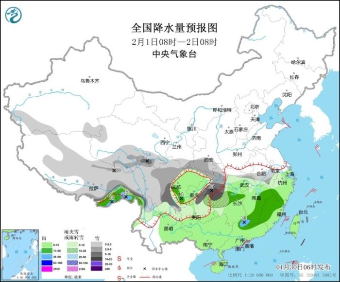 全國降水量預(yù)報(bào)圖(2月1日8時(shí)-2日8時(shí))