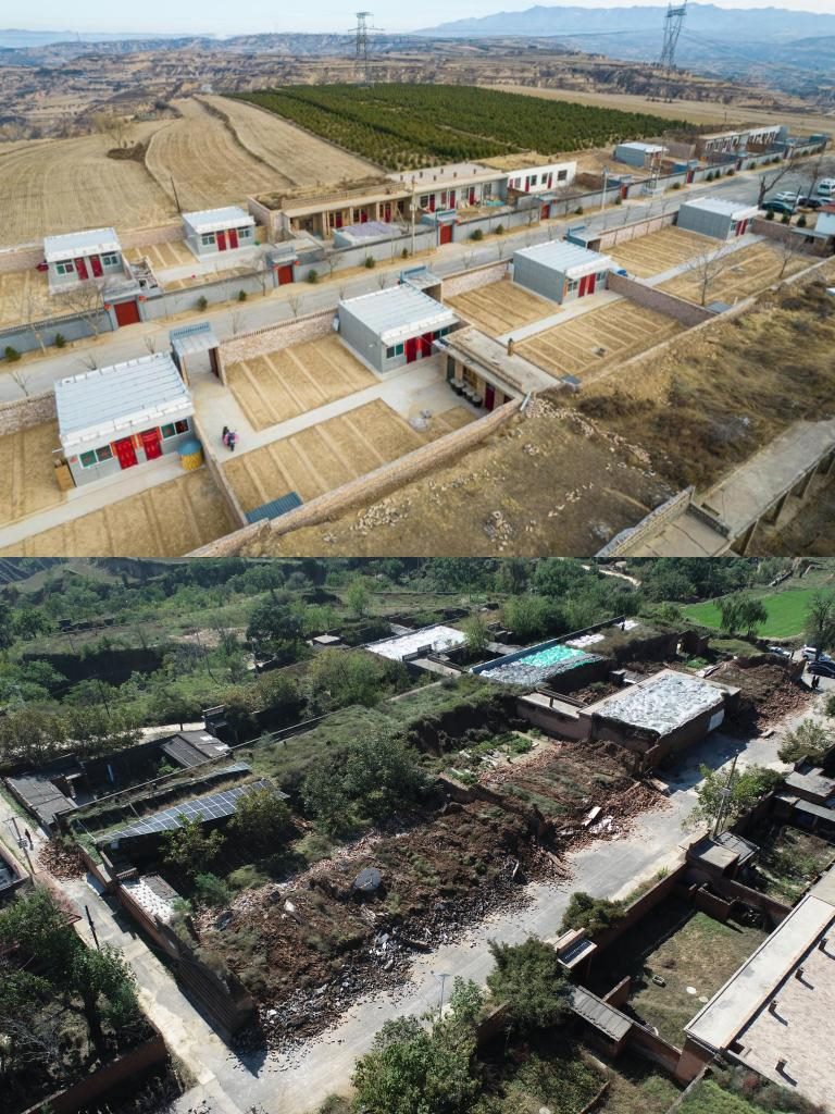 拼版照片，上圖是2022年1月山西省霍州市師莊鄉(xiāng)馮南垣村災(zāi)后恢復(fù)重建后的場(chǎng)景，下圖是2021年10月村莊因?yàn)?zāi)受損的場(chǎng)景。(霍州市委宣傳部供圖)