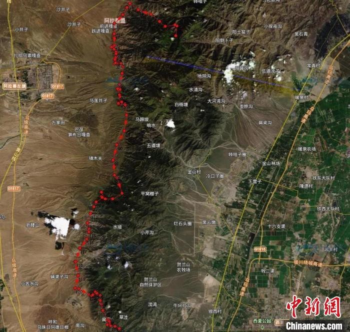 圖為雪豹在春節(jié)前后的活動(dòng)軌跡?！?nèi)蒙古賀蘭山國(guó)家級(jí)自然保護(hù)區(qū)供圖