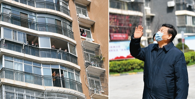 2020年3月10日，習(xí)近平專門赴湖北省武漢市考察新冠肺炎疫情防控工作。這是習(xí)近平在東湖新城社區(qū)考察時(shí)，向在家隔離居住的居民揮手致意、表示慰問（拼版照片）