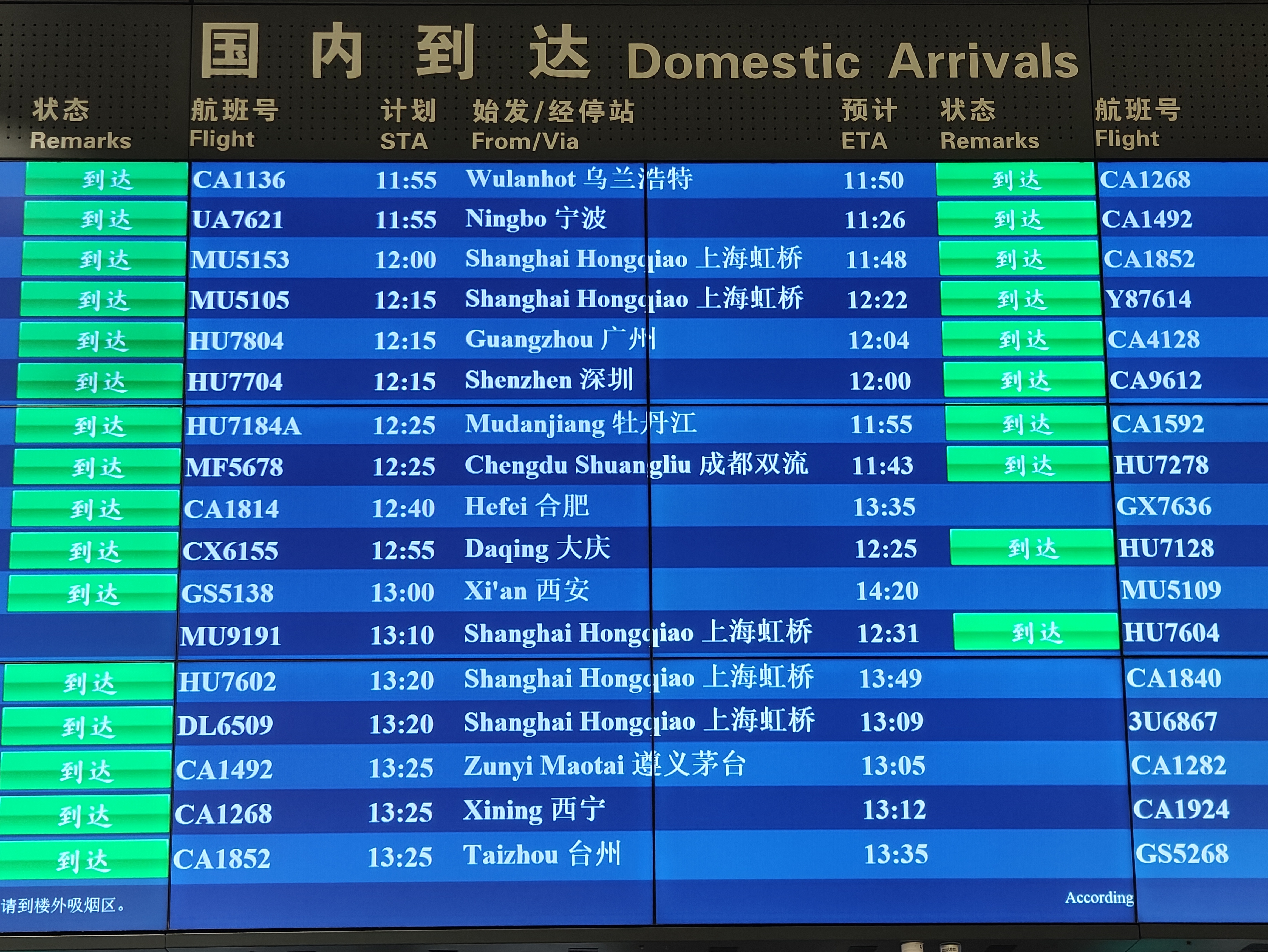 首都機(jī)場大屏顯示，MU9191航班于12:31順利到達(dá)。人民網(wǎng)記者 夏曉倫攝