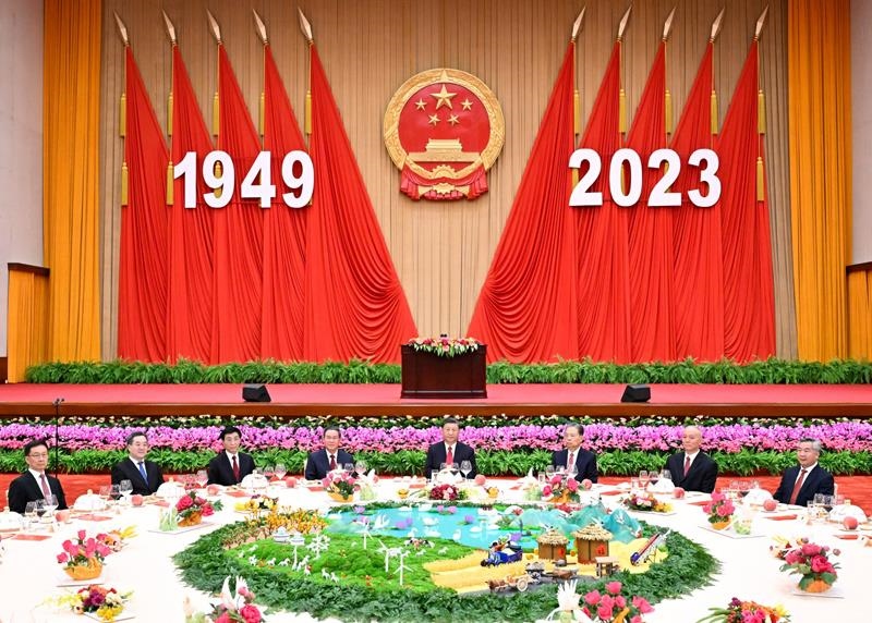 △2023年9月28日，慶祝中華人民共和國成立74周年招待會在北京人民大會堂舉行。