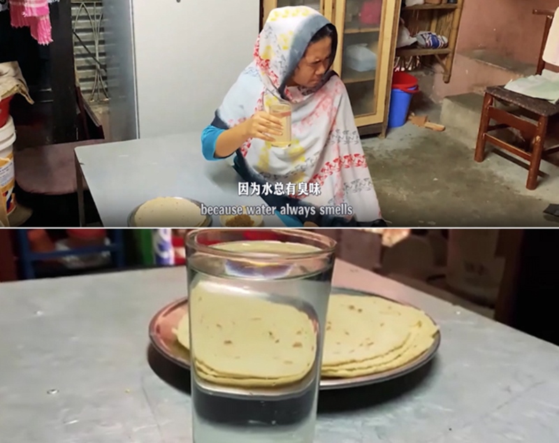 圖為紀實短片截圖：上圖為水質(zhì)未改善前，飲用水發(fā)黃渾濁；下圖為水廠建成后，飲用水水質(zhì)明顯改善，清澈透明。