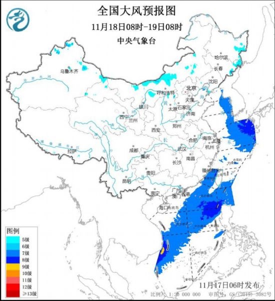 全國大風(fēng)預(yù)報(bào)圖(11月18日08時(shí)-19日08時(shí))