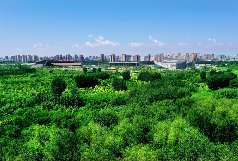 北京東方化工廠舊址建成的綠心公園草木蔥蘢。（馬文曉 攝）