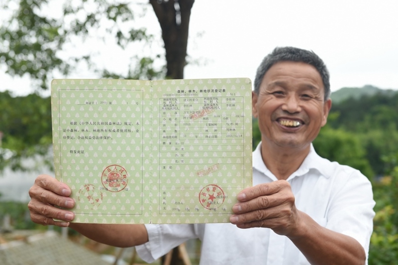 福建武平縣萬安鎮(zhèn)捷文村村民李桂林展示林權(quán)改革后領(lǐng)到的全國第一本新式林權(quán)證。