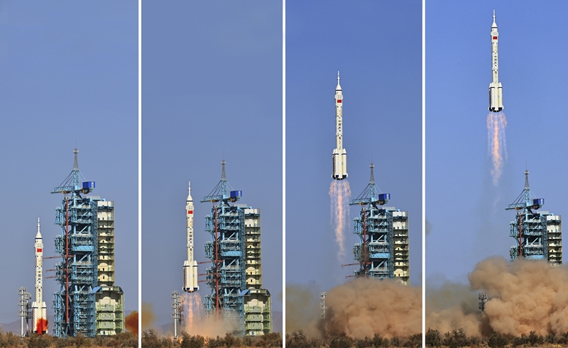2023年10月26日，神舟十七號(hào)載人飛船發(fā)射升空過(guò)程（拼版照片）