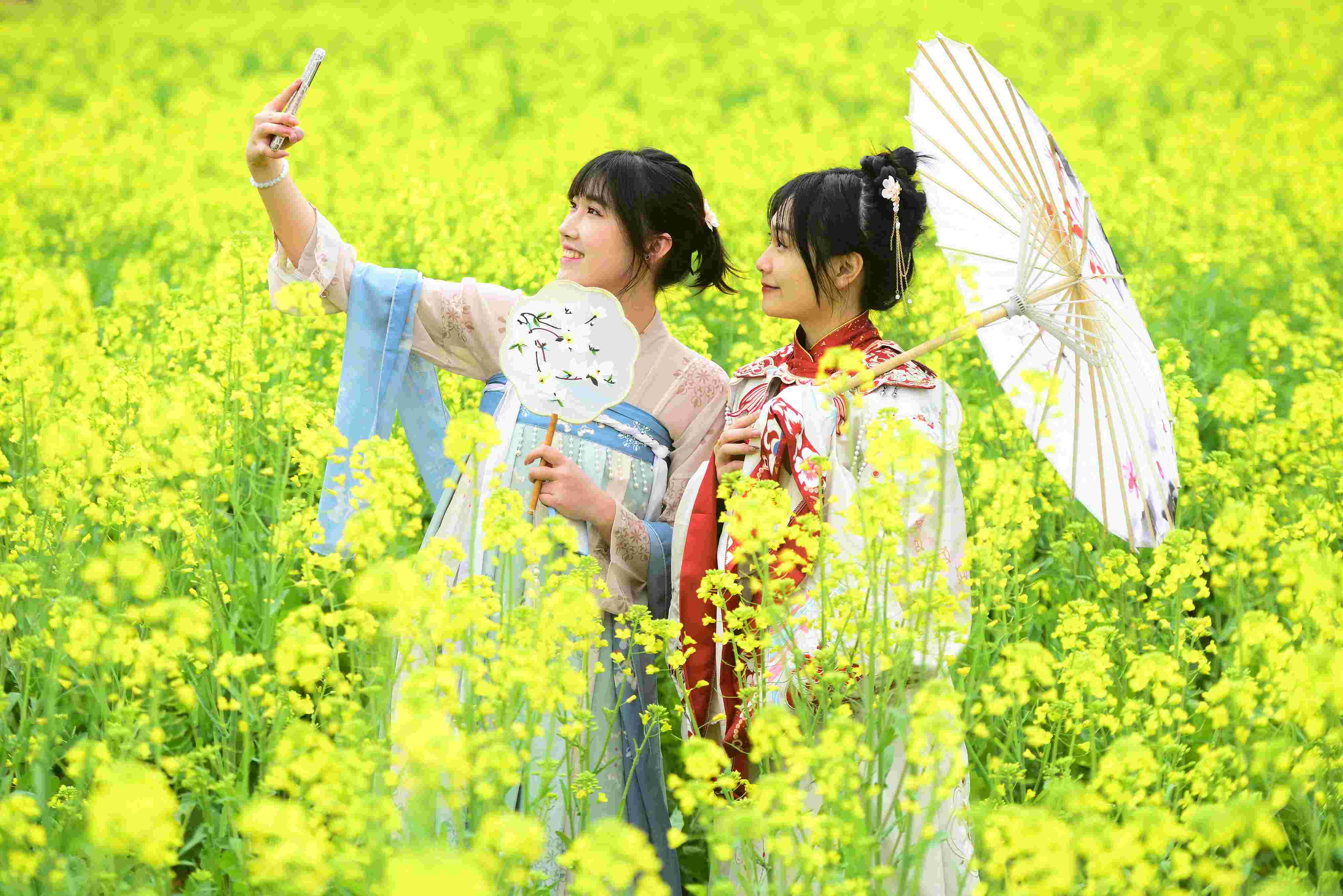 △ 2024年2月16日，廣西賀州，在富川瑤族自治縣麥嶺鎮(zhèn)三民村，游客在油菜花田間賞花拍照。