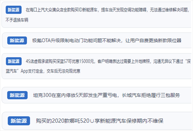 “人民投訴”用戶吐槽新能源汽車功能障礙多發(fā)、升級后配套服務跟不上、虛假優(yōu)惠、保修期內不維保的問題。（“人民投訴”平臺截圖）