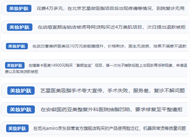 “人民投訴”用戶舉報醫(yī)美未達預期效果或導致身體損傷退款遭拒、機構及服務人員虛假資質、被誘導高額醫(yī)美貸、網購美容儀器質量不過關等問題。（“人民投訴”平臺截圖）