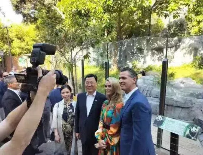 謝鋒大使及夫人與加州州長(zhǎng)紐森夫婦在圣迭戈動(dòng)物園大熊貓館前合影。圖片為中國(guó)駐美大使館提供