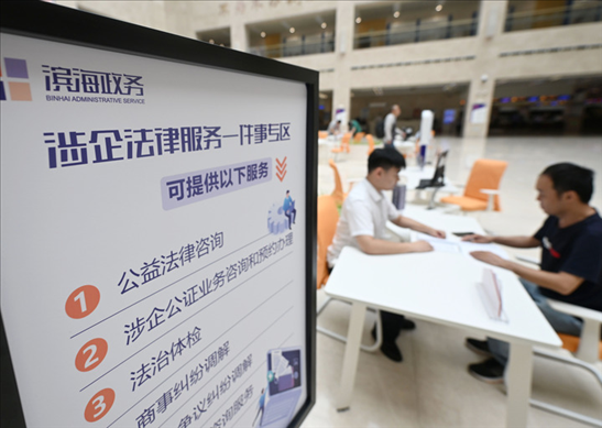 在天津?yàn)I海新區(qū)政務(wù)服務(wù)中心，工作人員在“涉企法律服務(wù)一件事”專區(qū)為市民提供服務(wù)（2024年7月31日攝）。新華社記者 趙子碩 攝