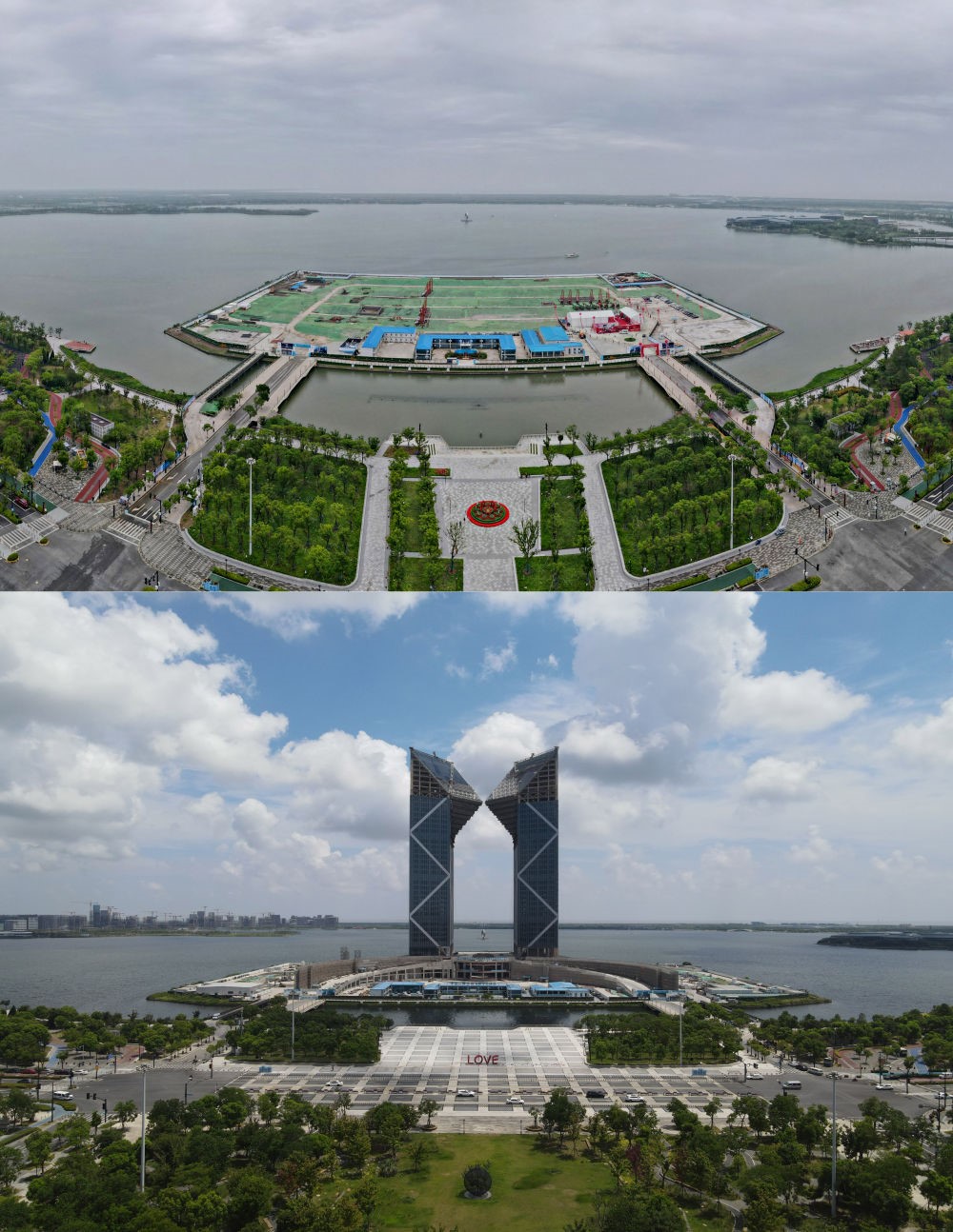 拼版照片：空中俯瞰中國（上海）自由貿(mào)易試驗(yàn)區(qū)臨港新片區(qū)滴水湖西島中銀金融中心項(xiàng)目現(xiàn)場（上圖為2021年6月20日攝，無人機(jī)照片；下圖為2024年8月14日攝，無人機(jī)照片）。2019年8月20日，臨港新片區(qū)揭牌成立，一個(gè)開放新高地在長江與東海交匯處日益崛起。