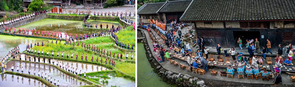 左圖：近期，人們?cè)诶杵娇h肇興侗寨的田園里演唱侗族大歌（黎平縣委宣傳部供圖）；右圖：這是2023年拍攝的十八洞村長(zhǎng)桌宴（湘西州委宣傳部供圖）。